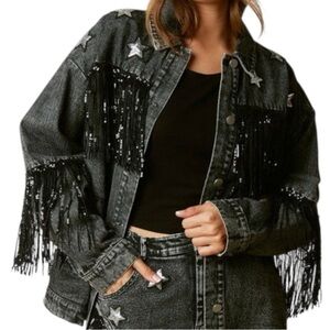 Black Denim Fringe Jacket Sequin Stars Western Festival Rodeo Country Size S